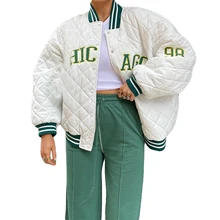 

Women\u2019s Casual Long Sleeve Quilted Jacket Vintage Letter Embroidery Snap Open Baseball Shirt