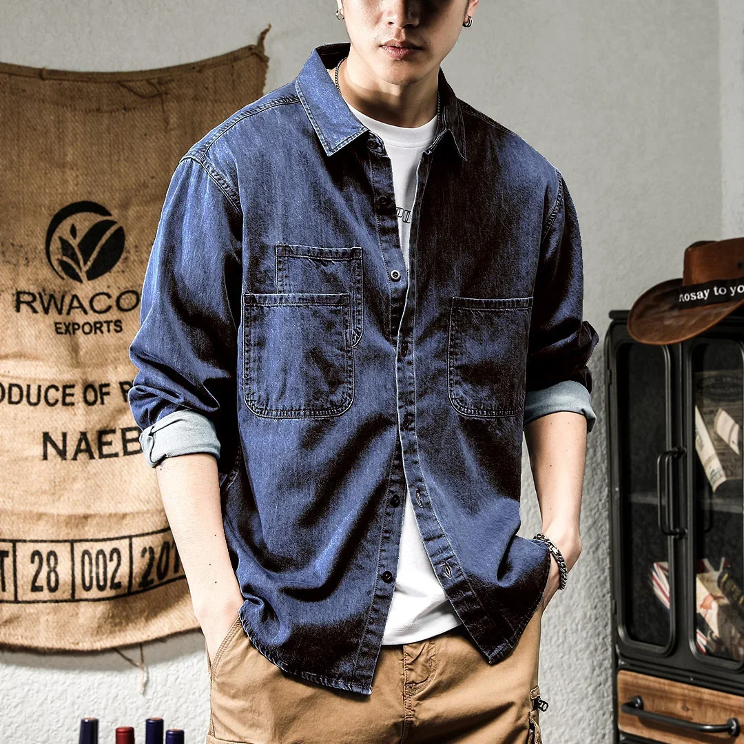 Spring Season American Style Vintage Men's Denim Work Shirt Long Sleeve Casual Fashion Trendy Versatile Jacket denim shirt,long sleeved shirt