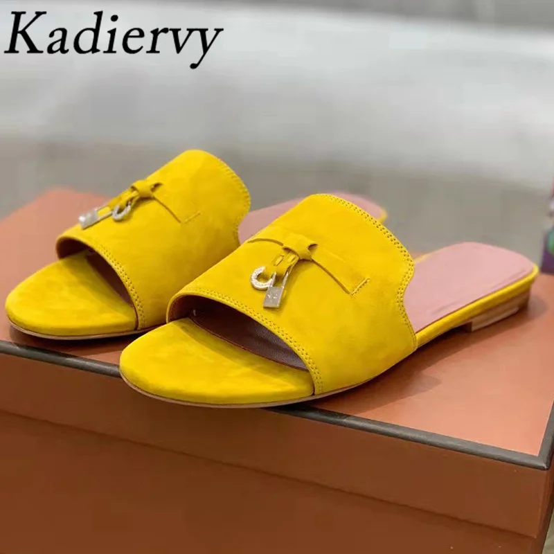 

Hot Sale Slipper Women Kid Suede Flat Slides Woman Peep Toe Metal Decoration Mules Summer Flat Shoes Woman Zapatillas Mujer
