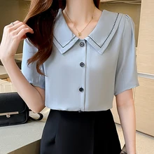 

Fashion Women's Shirt 2022 Peter Pan Collar Blouse for Women Sweet short Sleeve Top White Button Up Clothes Woman Basic Shirt OL