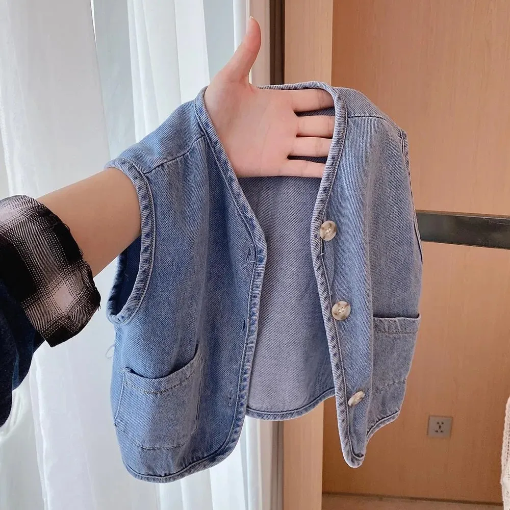 Children Vest Children Vest Spring and Autumn Season Baby Versatile Shoulder Fashion Boys and Girls Denim Vest Children Clothes