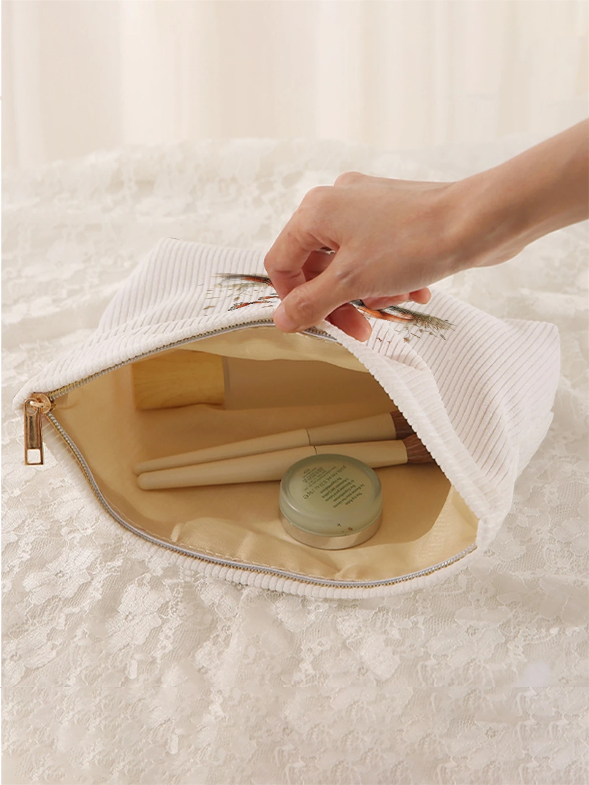 1pc fox print corduroy makeup bag, lightweight zipper makeup storage box, multifunctional bag with lining