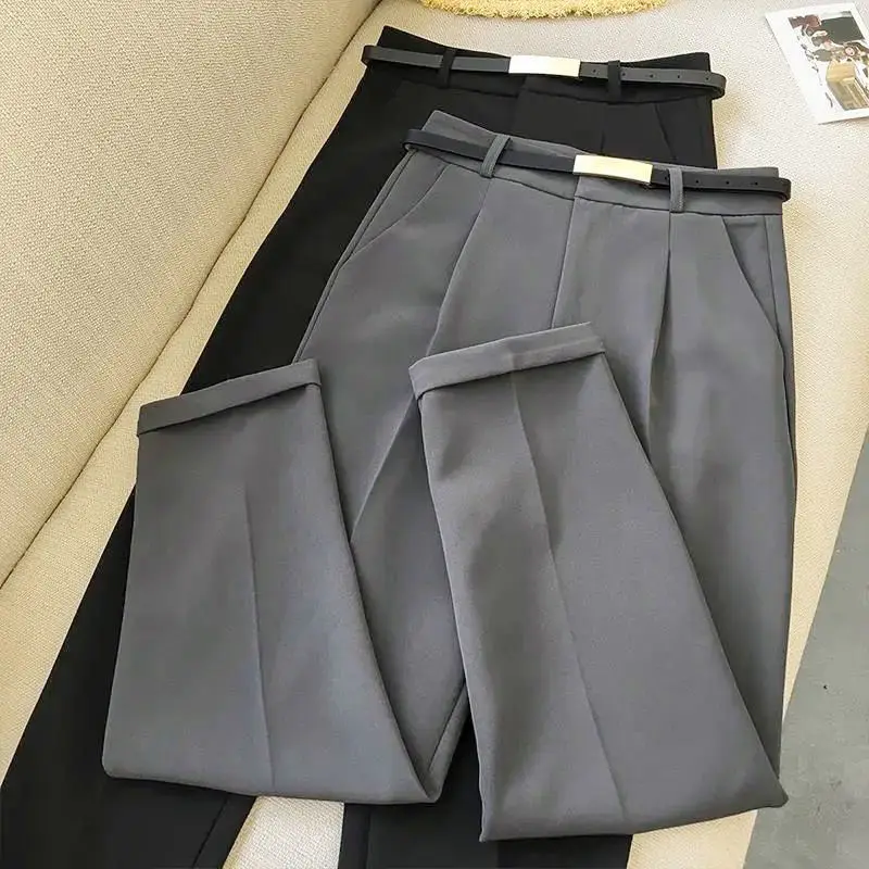 Spring Summer High Waist Suit Pants 2023 Korean Fashion Business Ankle-Length Pants With Belt All-Match Straight Trousers S-3XL