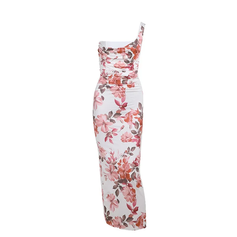 Vestido midi sexy con estampado de un solo hombro para mujer, vestido largo ajustado sin mangas con espalda descubierta y hombros descubiertos para fiesta y club.