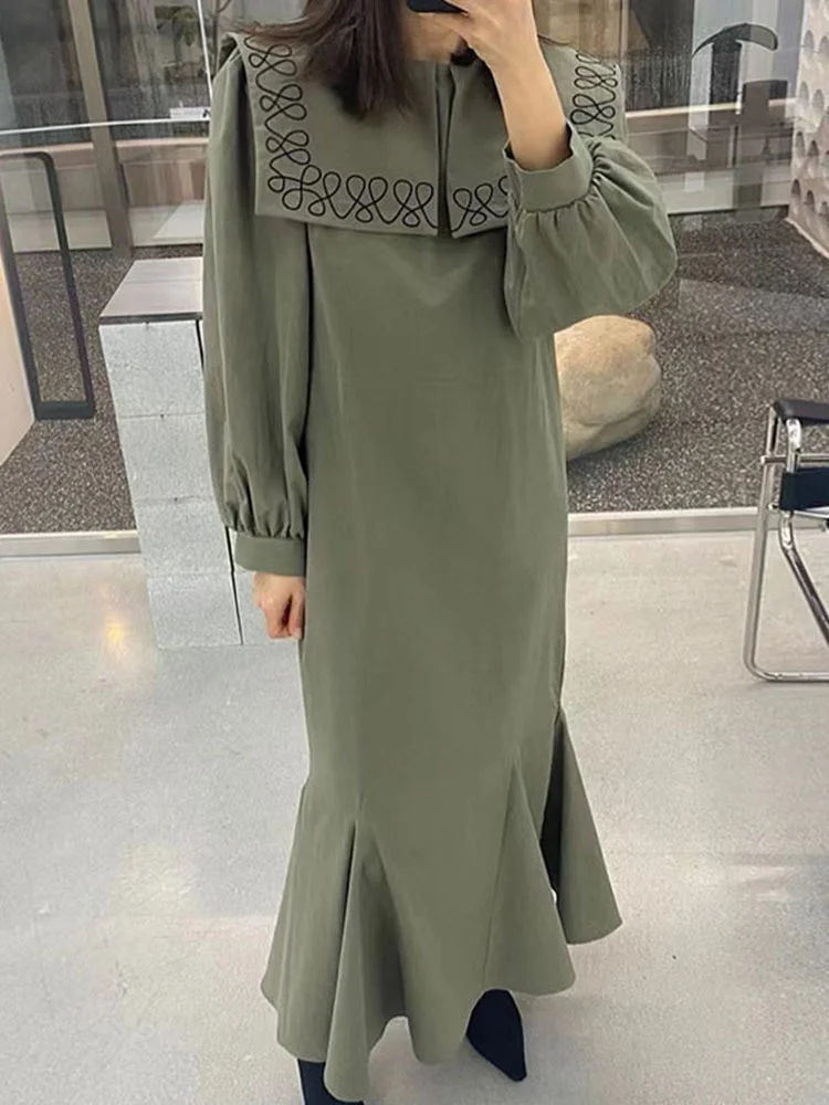 

Sailor Collar Contrast Color Embroidery Loose Patchwork Ruffle Dress Women 2022 Autumn Trend Army Green Ladies Vestidos C069