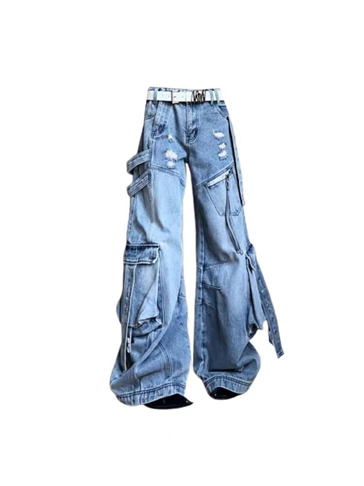 Women Blue Y2k Cargo Jeans Harajuku Oversize Ripped Denim Trousers