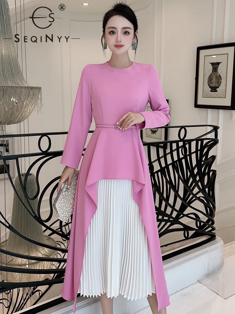 

SEQINYY Elegant Dress Spring Autumn New Fashion Design Contrast Color Spliced Pleated Casual For Female Office Lady Belt