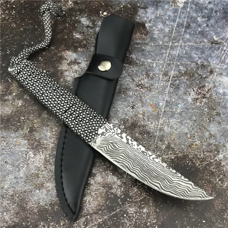 

Damascus Pattern Tactical Fixed Blade Rope Wilderness Outdoor Survival Sharp Blade EDC Tool Portable Knife