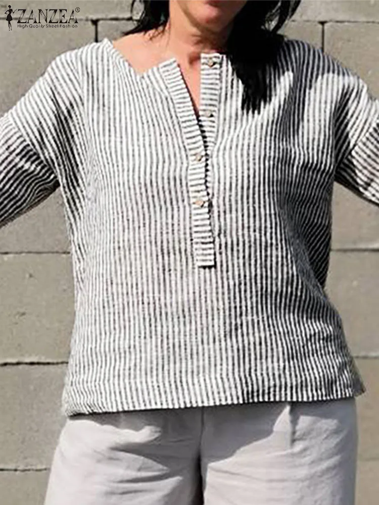 

Блузка ZANZEA женская с принтом в полоску, стильная рубашка с рукавом 3/4 и круглым вырезом, топ на пуговицах, Повседневная офисная одежда для работы, весна-осень