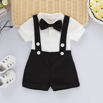 Mini gentiluomo vestito neonato neonato costumi formali camicia a maniche corte con fiocco + pagliaccetto pantaloni corti moda estiva set da 2 pezzi 1