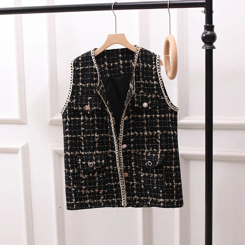 

Women's Autumn Winter Fragrant Style Vest Loose Tweed Camisole Jacket Round Neck Retro Waistcoat