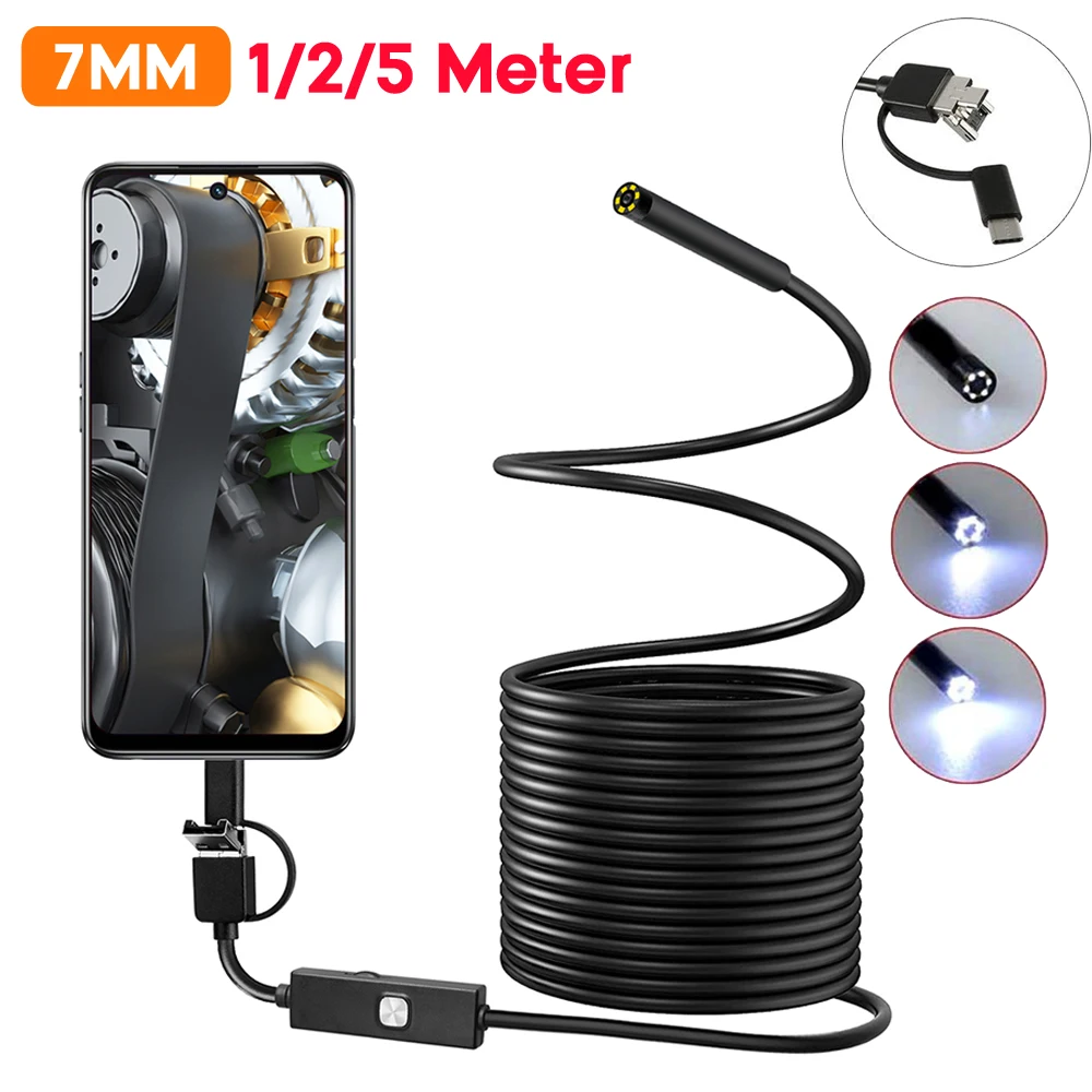 7mm Android Industrial Endoscope Camera IP67 Waterproof 3IN1 USB/Micro USB/Type-C Borescope 6LEDs Adjustable Inspection Camera Endoscope Camera