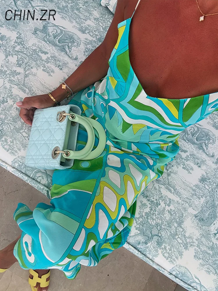 Robe longue à bretelles imprimée, Sexy, fendue, Slim, col en v, sans manches, dos nu, Robes de plage, été, Chic, vacances, 2025