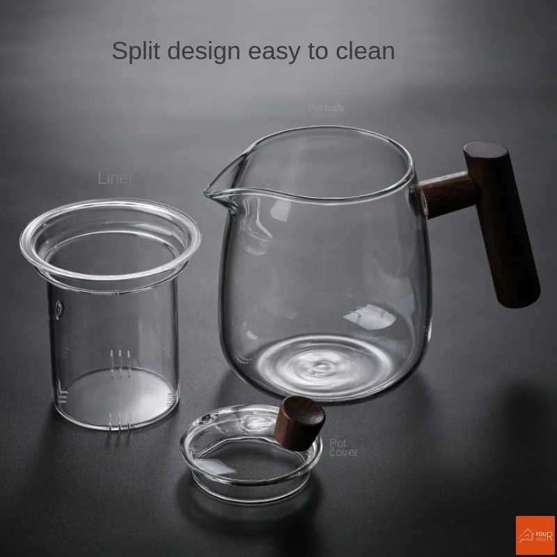 Ceainic de sticlă 480ML Mâner din lemn Ceremonia ceaiului chinezesc Set de ceainic transparent Filtru de ceașcă Oală din silicon cu bor înalt_voghion.com