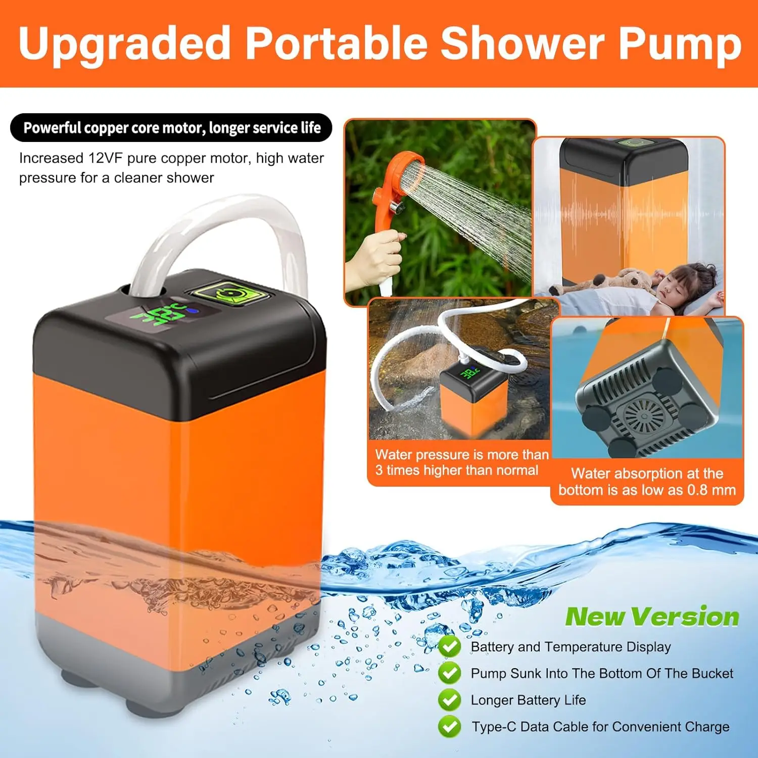 Electric Shower Pump, Portable, Outdoor Camping, IPX7 Waterproof, with Digital Display, for Hiking Travel Beach Pet Washing