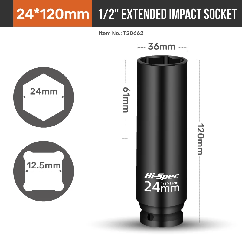 Hi-Spec 1/2" Extra Long Drive Impact Socket CR-MO Pneumatische Hülse Verlängerungsstange Elektroschlüssel Buchse Pleuel Reparatur – Detail 13