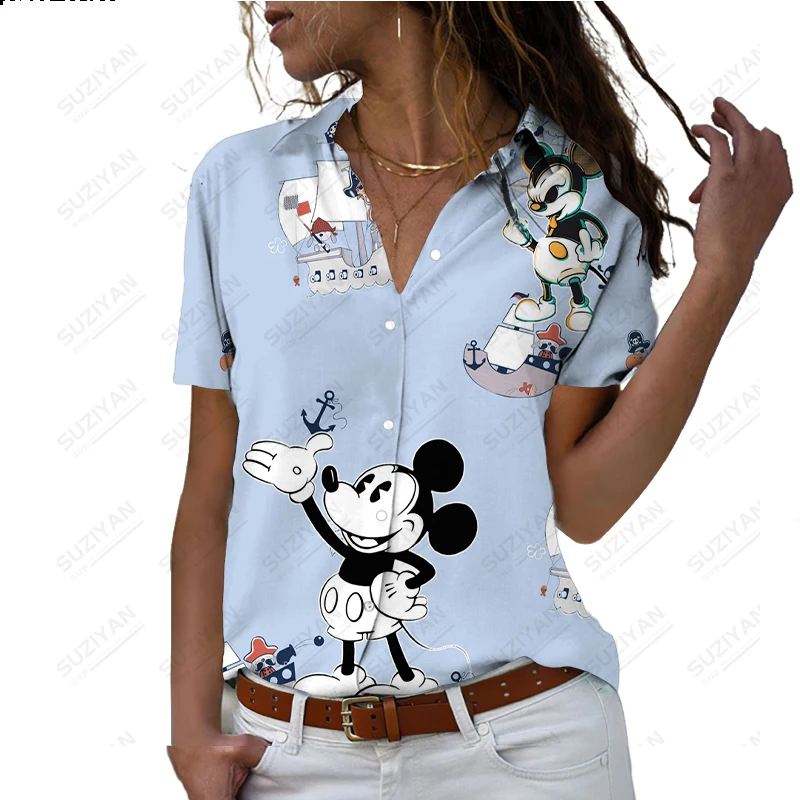 

2023 New Disney Harajuku Slim Fit 3D Printing Women's Button Loose Short Sleeve Polo Neck Casual Cute Shirt Plus Size Y2K Mickey