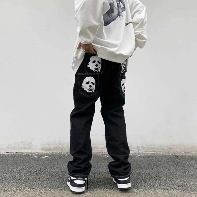 

Black Denim Pants Vintage High Street Jeans Gothic Bats Print Personality Design Pants For Men Casual Male Versatile Long Pants