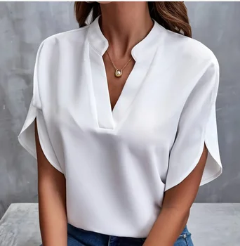 Summer Elegant Women's Blouse New V-neck Short Sleeve Solid Color Loose Shirt Casual White Tops Office Lady Blouses 1
