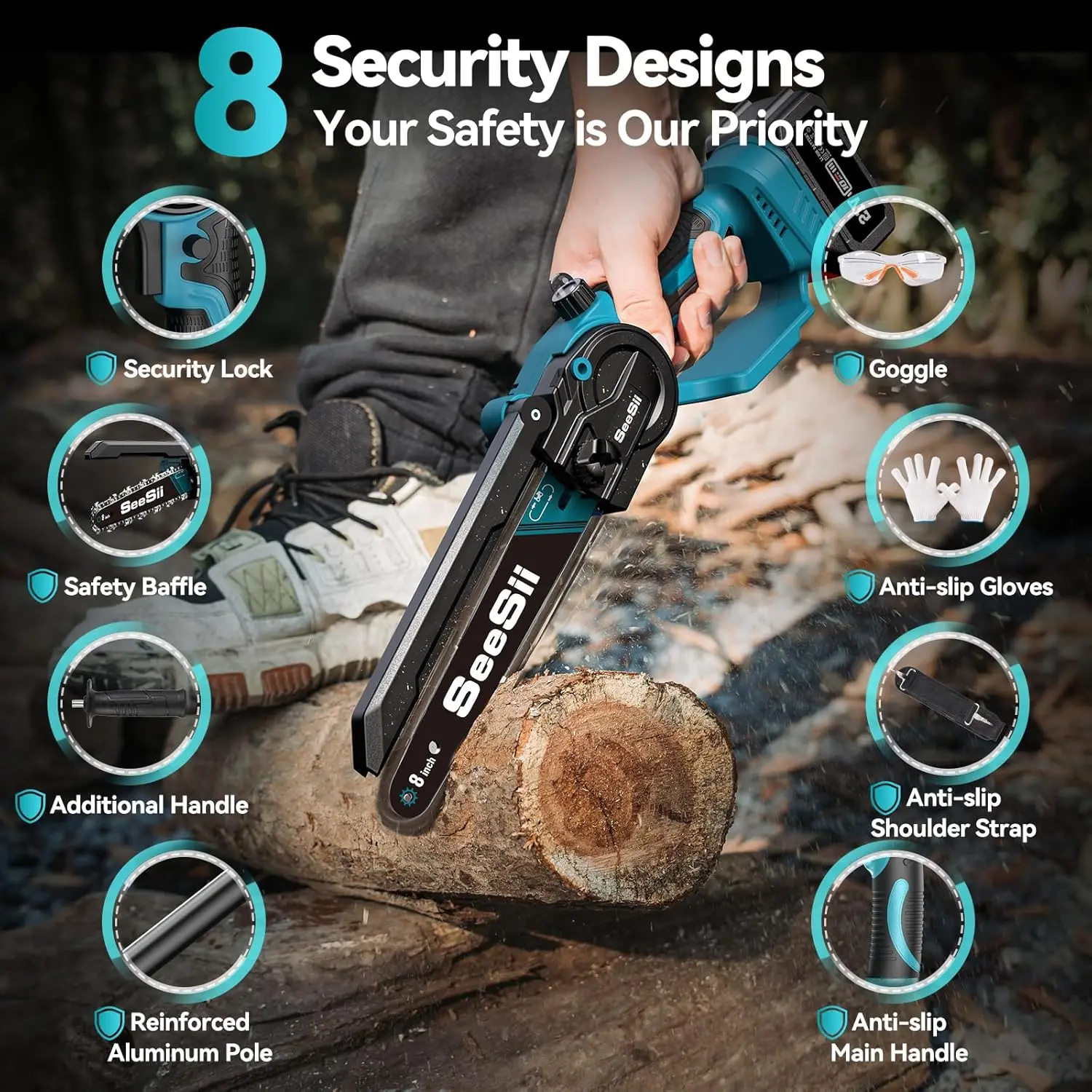 2 in 1 Cordless 8 inch Pole Saw Mini Chainsaw with 2 Battery Power Electric Polesaw for Tree Trimming Chain Saw Extension Pole