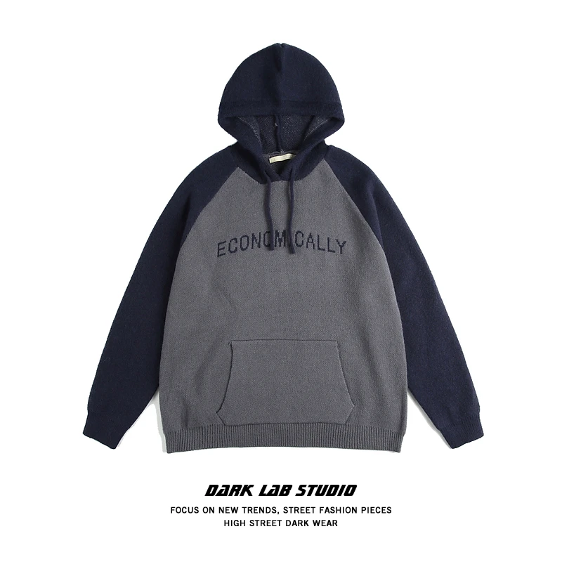 Pullover Hooded Men's Conventional Wool American Retro Letter Jacquard Color Matching Knitwear AutumnWinter Loose Couple Sweater