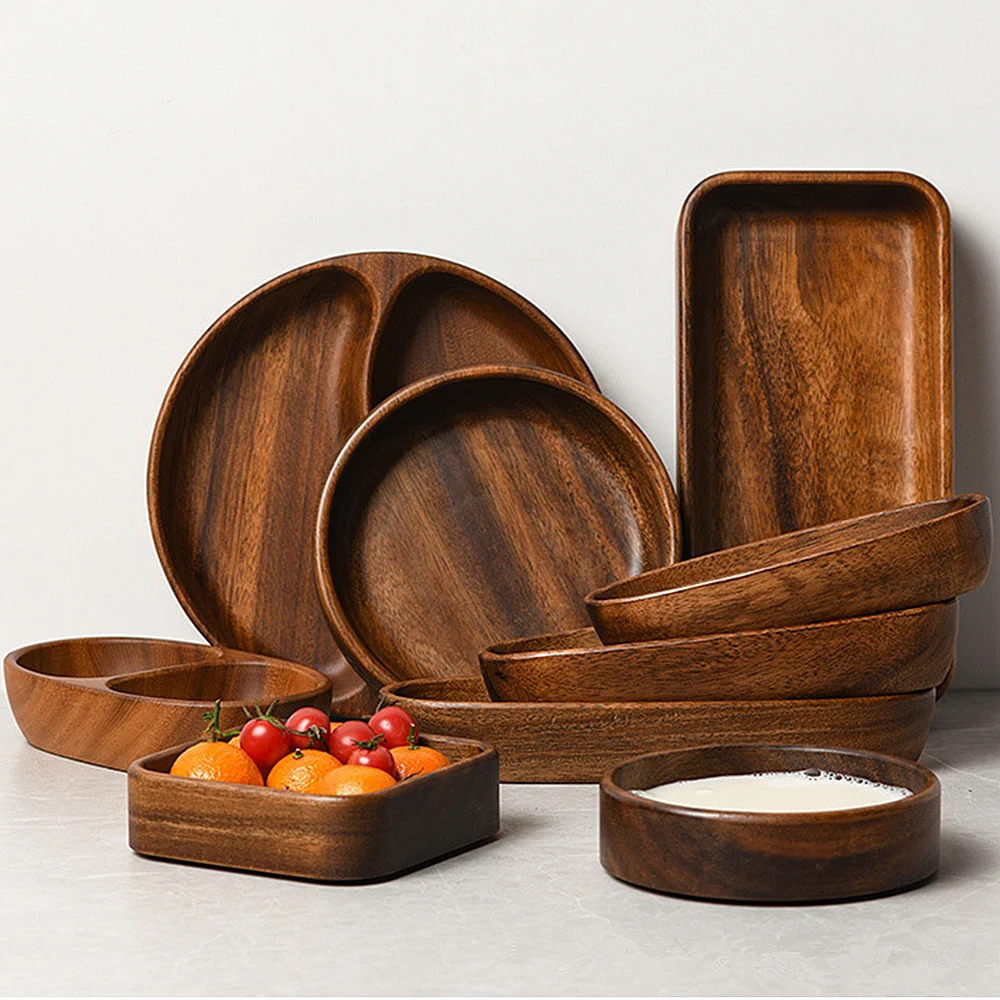 Solid Wood Serving Tray, 5 Compartment Wooden Bread Fruit Dessert Plate Tea Saucer Dish Pan