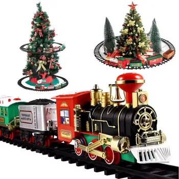Electric Christmas Train Toys Gifts for Kids Realistic Railway Cars Racing Tracks with Music & Light Christmas Tree Decor Trains