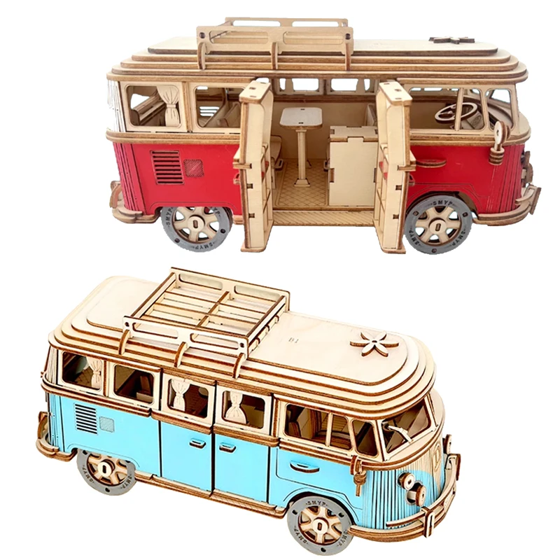 3D Wooden Retro Campervan Puzzle - European Style DIY Assembly Kit for Kids' Educational Play and Home Décor