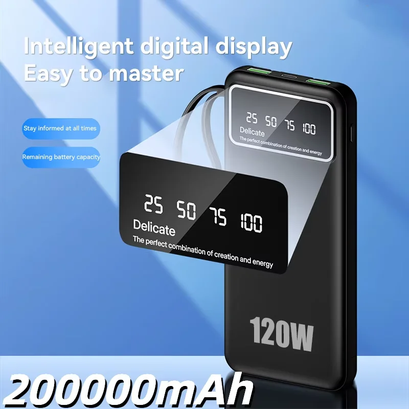 Power Bank 120W Fast Charging 200000mAh Charger Digital Display External Battery Pack for iphone Android Samsung