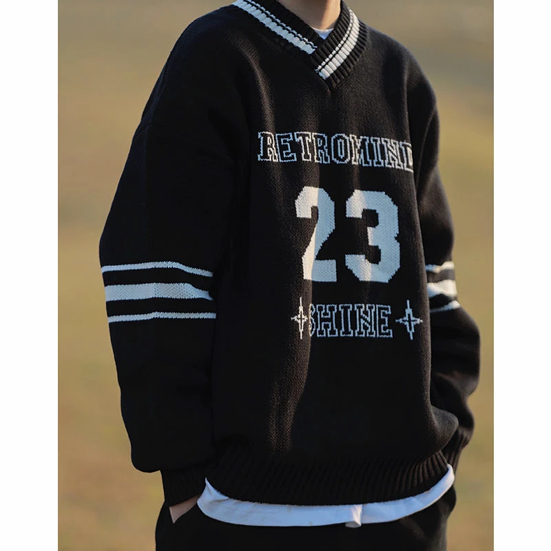 

Harajuku Brand Embroidery V-Neck Oversized Sweater Mens Couples Hip Hop Streetwear Winter Clothes Korean Preppy Loose Casual Top