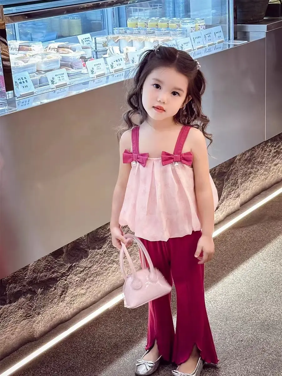 

Girls' fashionable set, summer new westernized children's suspender top+micro speaker casual pants