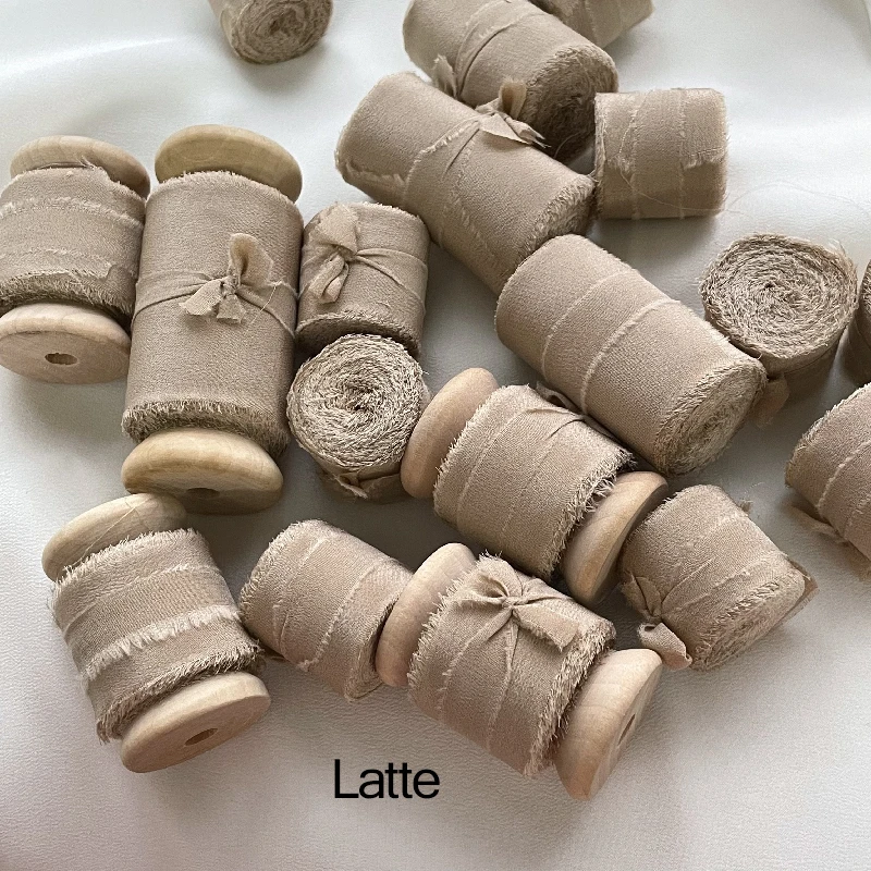 1 롤 수제 실크 리본 100% 나무 스풀과 순수 실크 마모 가장자리 테이프 25mm 50mm 평판 웨딩 카드 선물 포장