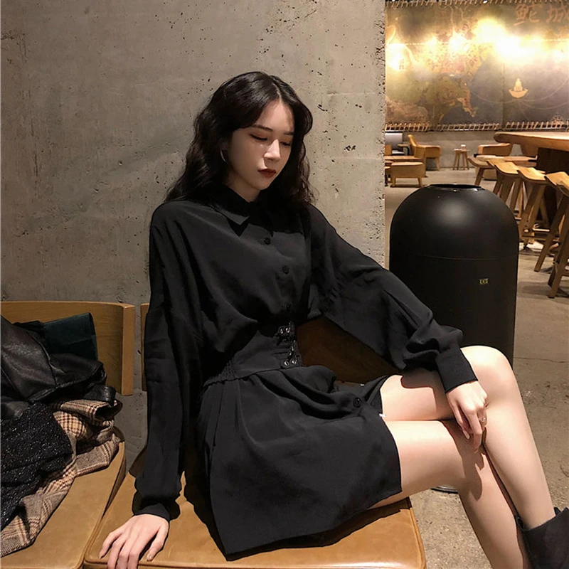 

Gidyq Elegant Women Shirt Dress Vintage Streetwear Long Sleeve Mini Dresses Gothic Casual Sexy Female Belt High Waist Dress New