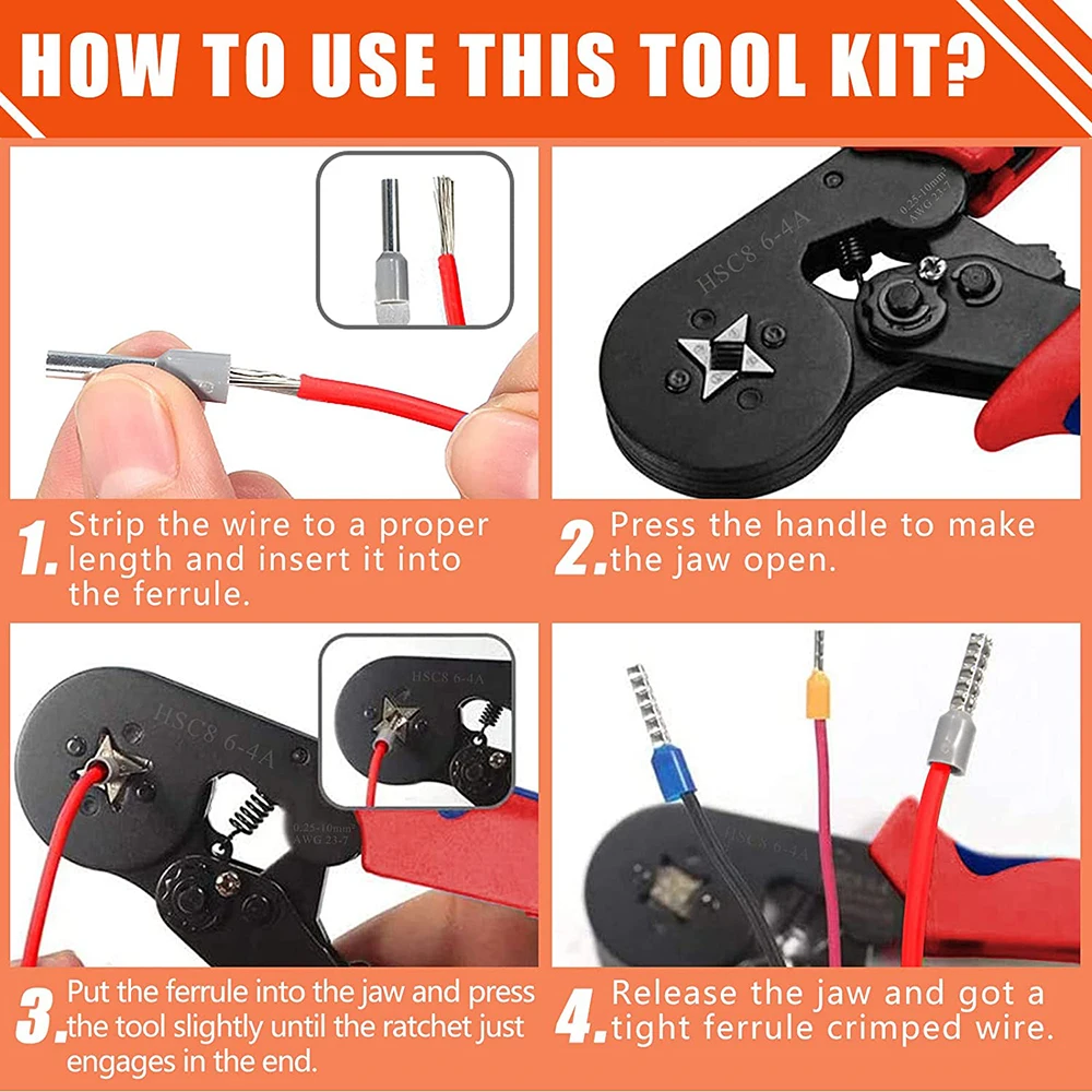 페룰 압착 도구 키트 AWG23-7 조정 가능한 래칫 와이어 압착 플라이어, 페룰 키트 와이어 엔드 터미널 포함, 1250 개