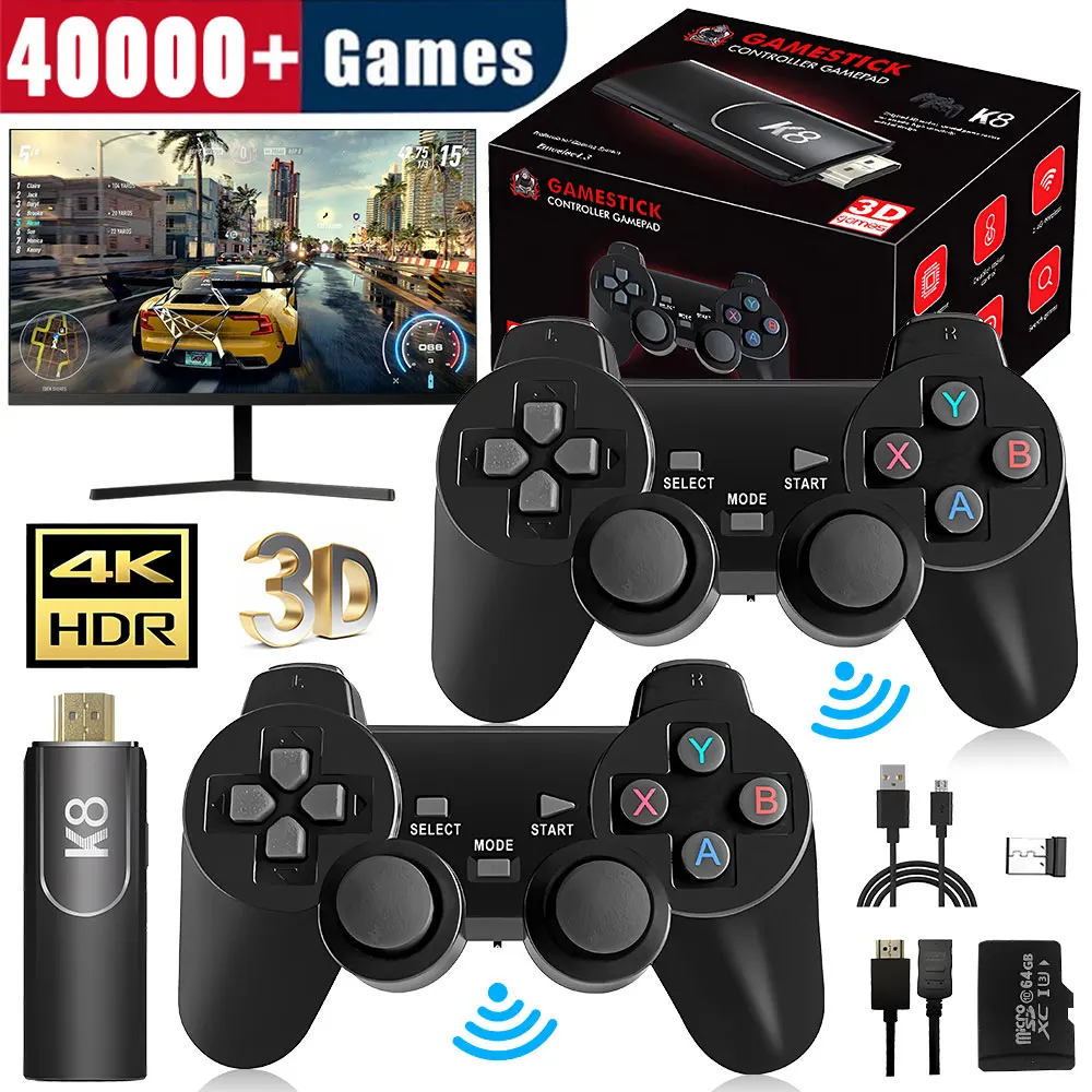 Mando de videojuegos Retro 4K HD K8, 64G, más de 40000 juegos, 40 + emulador, controlador inalámbrico Dual de 2,4G, consola Retro, regalo para niños