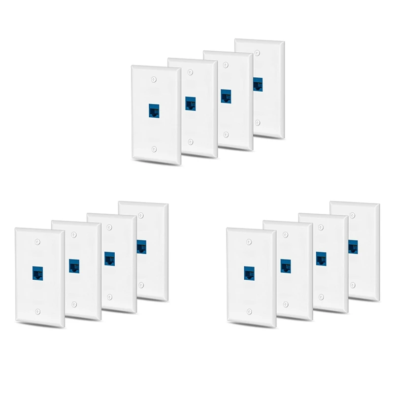 NEW-12X Cat6 Ethernet Wall Plate Outlet 1 Port RJ45 Network Female To Female Keystone Wall Coupler Jack Plate White & Blue