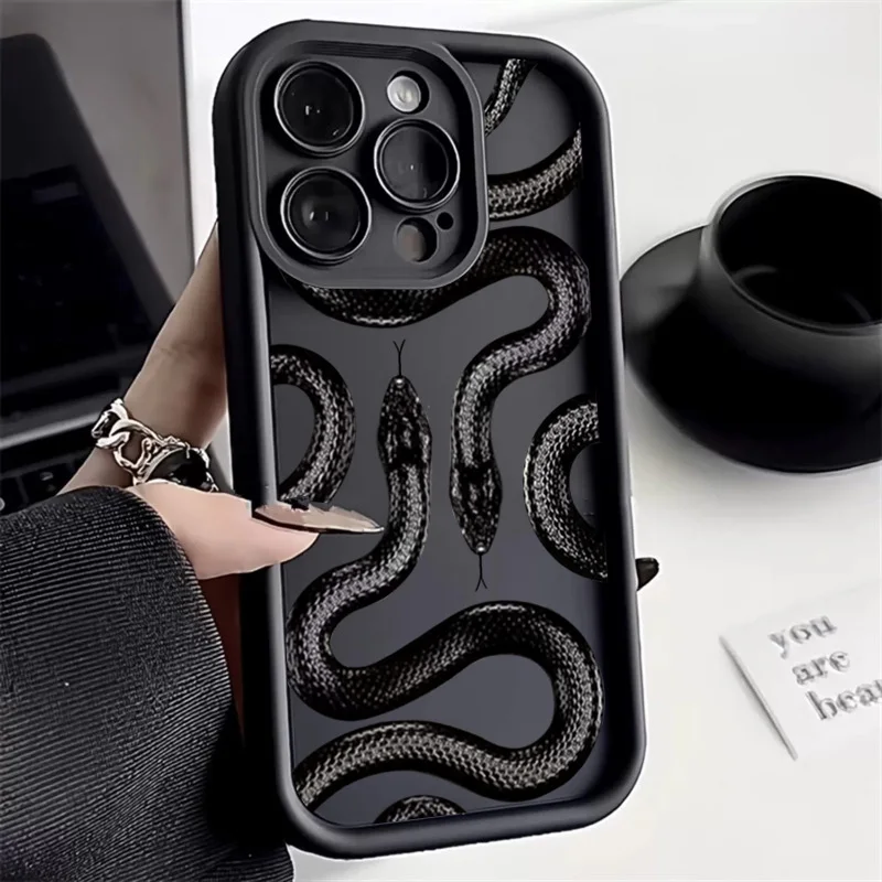 Schwarze Schlangenmuster-Handyhülle für iPhone 18 17 16 15 14 Pro Max 13 12 11 XS XR 7 8 Plus, stoßfeste, weiche Silikonhülle