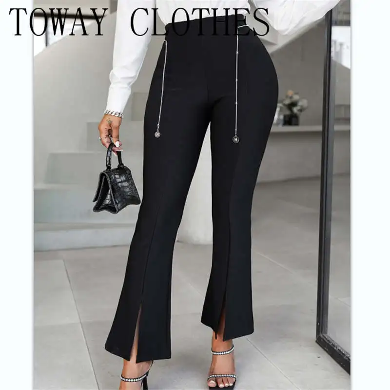

Women Solid Long Slit Pants With Chain Sexy Casual Pants Fashion Office Lady Pants