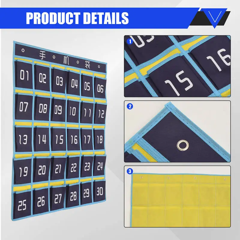 AU67-Numbered Pocket Chart Classroom Organizer For Cell Phones Calculator Holders (30 Pockets, Blue Pockets)