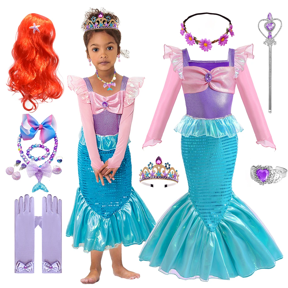 

2023 Summer Fancy Girls Princess Ariel Dress Little Mermaid Cosplay Costume Birthday Elegant Party Vintage Sequins Long Dresses