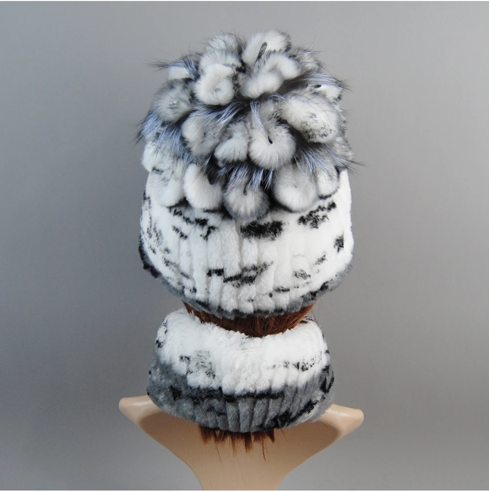 Real Rex Rabbit Fur Hat And Scarf Set Women Winter Knitted Beanie Hat Natural Fur Skullies Beanies Woman Hat Female Cap Elastic