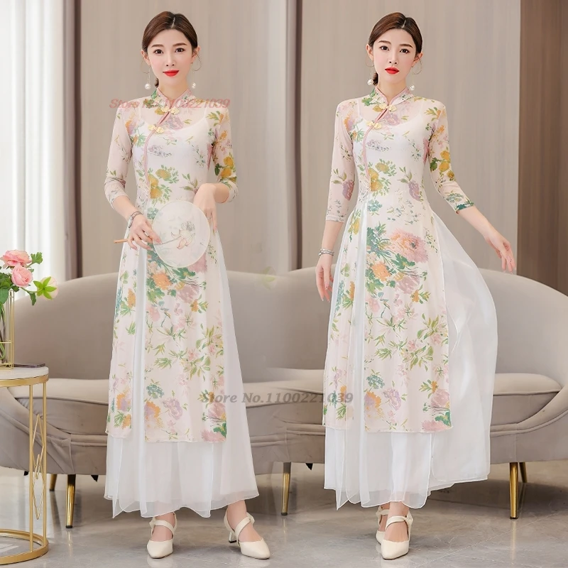 

2024 chinese vintage dance dress national flower print mesh qipao dress+pants set oriental stage performance practice dress