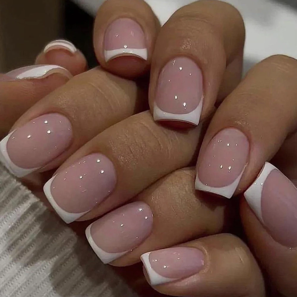 24개입 짧은 사각형 네일, 클래식하고 다용도로 활용 가능한 화이트 프렌치 스타..