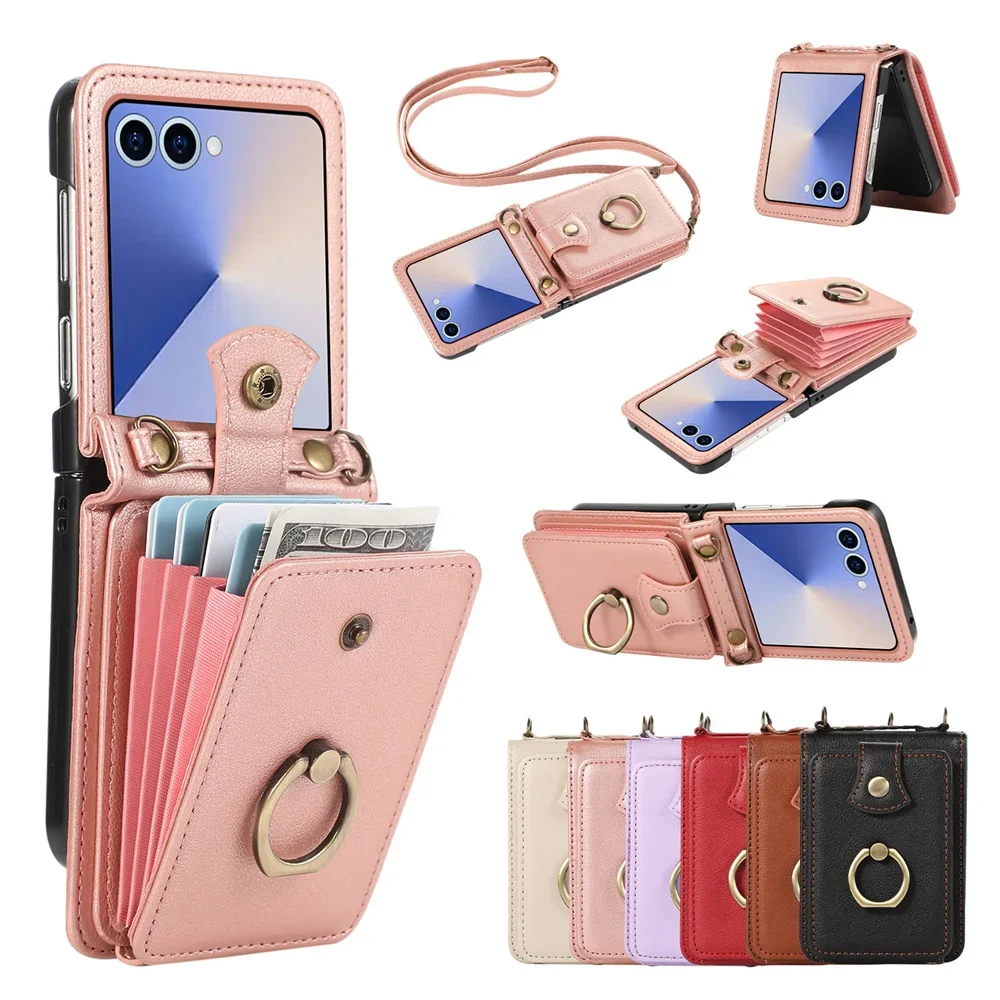 Leather Wallet Phone Case with Ring Card Holder and Crossbody Strap - Premium Protective Cover
