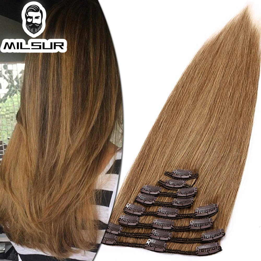 Hair Extensions 7Pcs Clip In 100% Real Human Hair Clip In Natural Straight Hairpieces T4/27 Color