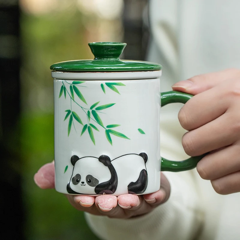 Chinese Style Ceramic Bamboo Panda pattern Mug Home Personal Creative Teacup With Cover Filtered Tea Water Separation 360ml, 1Pc