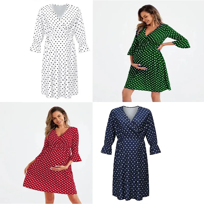 Summer Fashion High Quality Comfortable Trendy Breastfeeding Long Dress with Mid Sleeve Dots Pregnant Women's V-neck Dress 3 Sbb7f12389e04441f8ff60c856f6b912f7