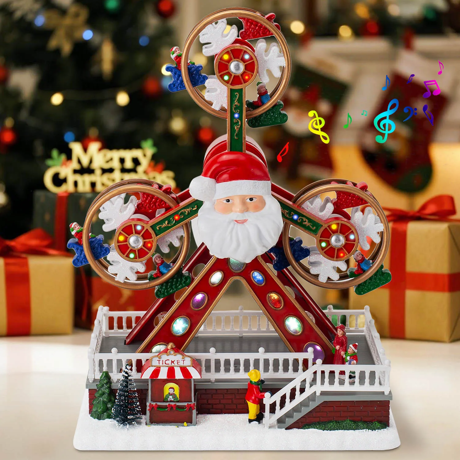 Weihnachts-Riesenrad-Dekoration mit Weihnachtsmann-Gesicht, LED-Lichtern und Musik, animiertes rotierendes Weihnachtsornament als Party-Geschenk zu Hause