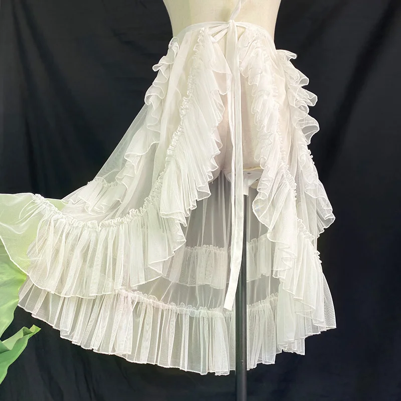 Japanese Sweet Lolita Apron Ruffled Waist Curtain Vintage Mesh Overlay Skirt Women Cute Kawaii Asymmetrical Princess Skirts