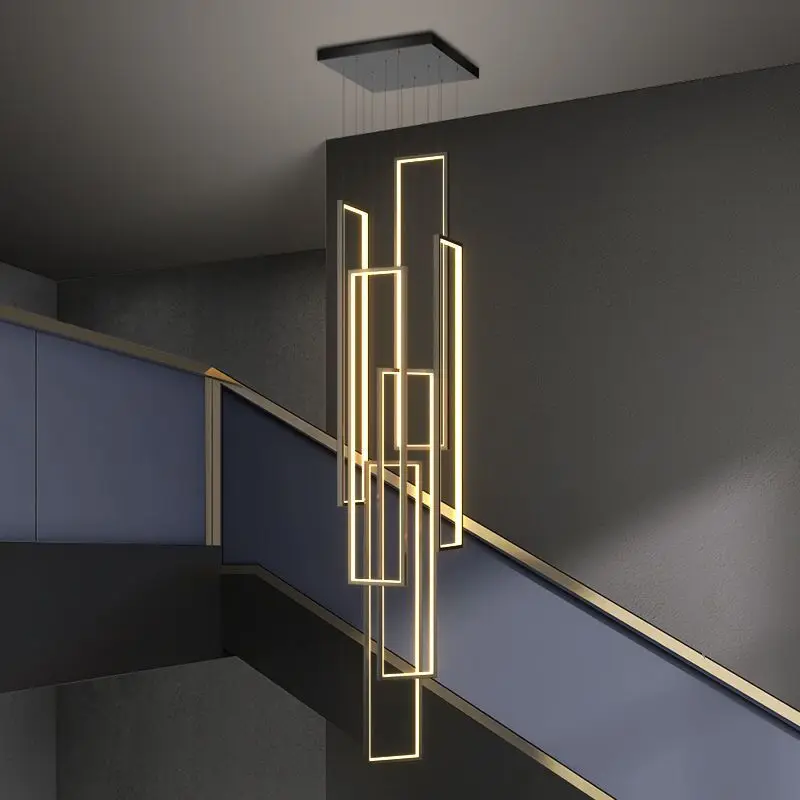 

Modern Black Rectangle Led Living Room Pendant Light Bedroom Kitchen Light Luxury Duplex Loft Villa Lighting Pendant Light